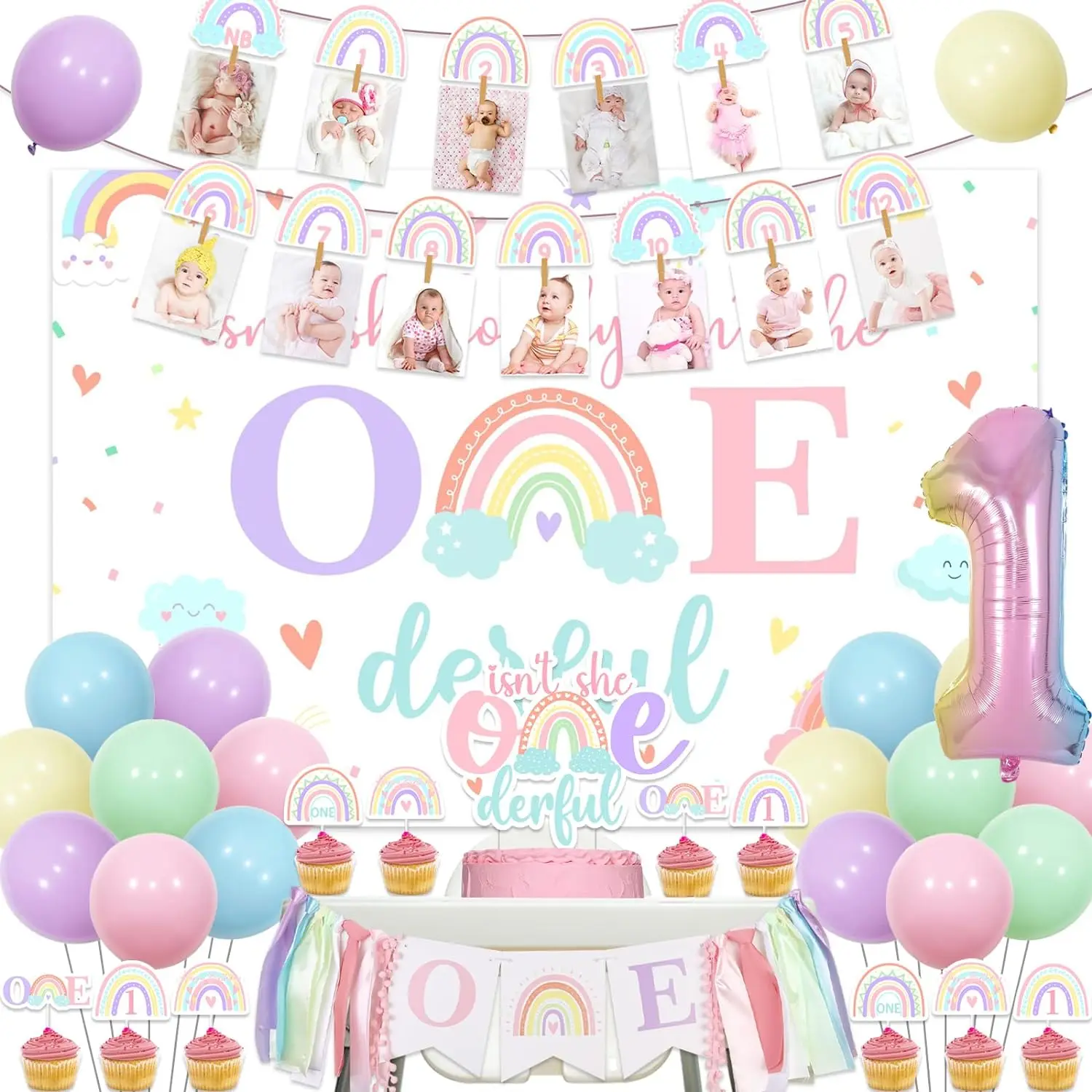 

Pastel Rainbow 1st Birthday Decor Isn't She Onederful Backdrop Cake Toppers Balloons One Highchair Photo Banner Number1 Balloon