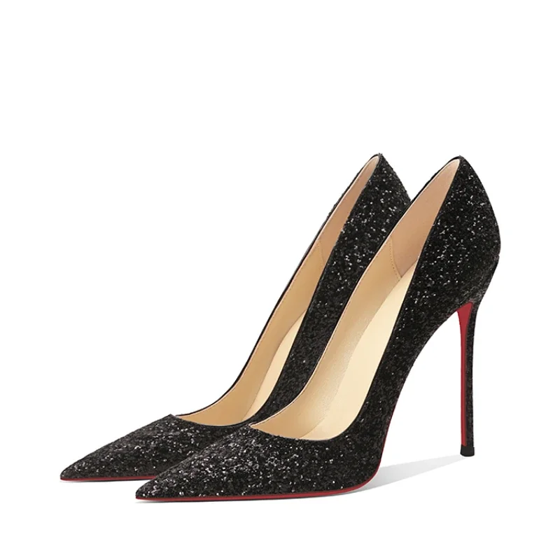 

New Sequin Cloth Ultra High Heels Women's Thin Heels Black Red Bottom Shallow Mouth 12cm Sexy Pointed Single Shoes