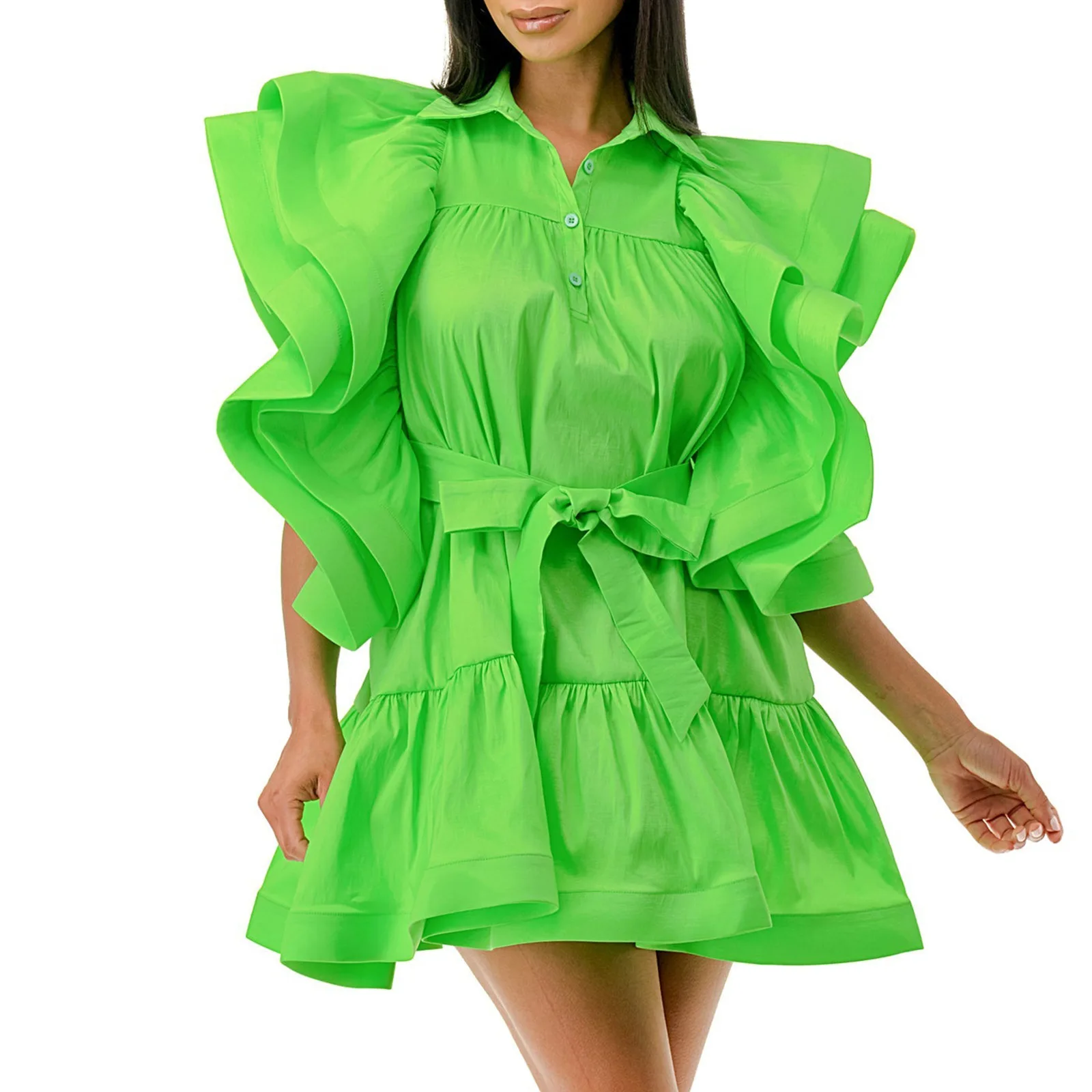 

Women Ruffles Flare Clock Sleeve Dress Sexy Turn-down Collar Front Button Smock Babydoll Big Swing Dresses 2023 INS Street Dress