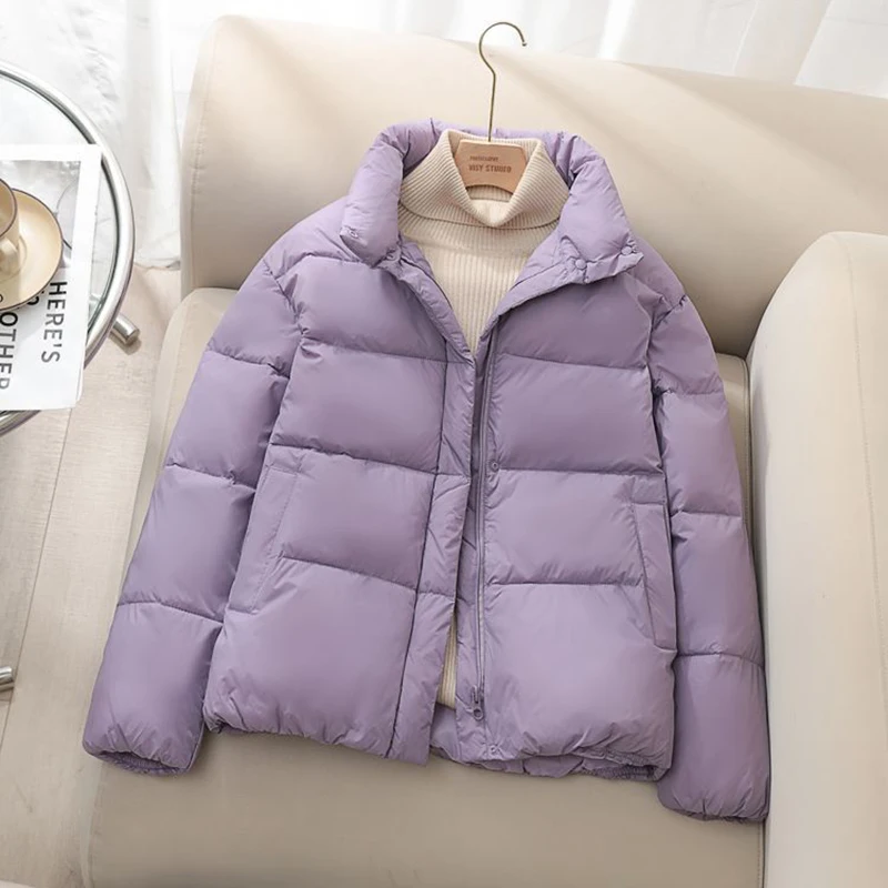 

Новая зимняя короткая куртка, женские толстые теплые пуховые хлопковые куртки, Женская свободная пуховая верхняя одежда с воротником-стойкой, парка, пурпурные пальто с подкладкой