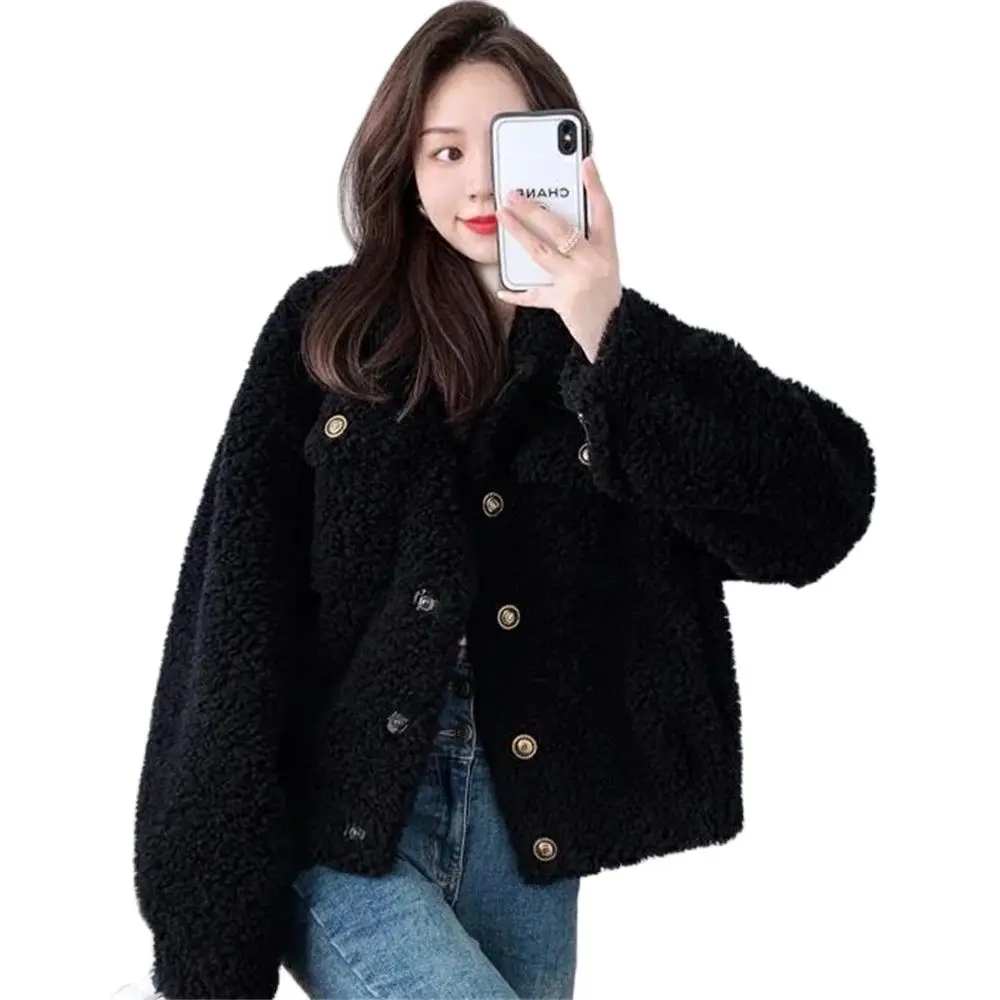 

Fashion Women's imitation Wool Coat Single Breasted Vintage Jacket OL Overcoat Female Winter Plus Velvet Tops Warm Autumn 2024