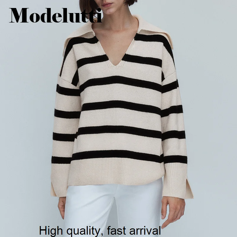 Autumn 2023 New Winter Fashion Women V-neck Striped Knitted Polo Sweater Loose Pullover Simple Casual Tops Female Chic
Autumn 2023 New Winter Fashion Women V-neck Striped Knitted Polo Sweater Loose Pullover Simple Casual Tops Female Chic