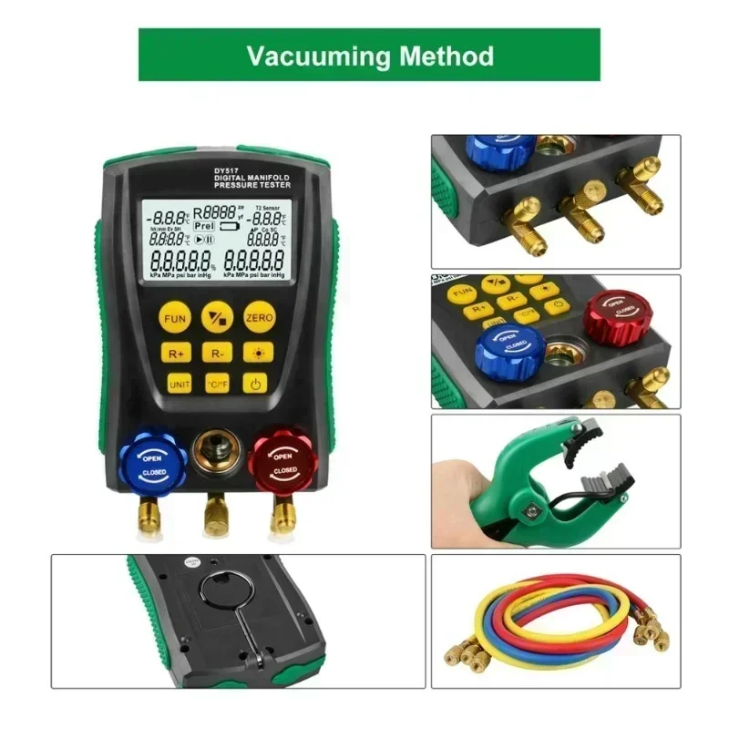 DUOYI DY517 Pressure Gauge Refrigeration Manifold Digital Vacuum HVAC Meter Pressure Temperature Tester R410A Refrigerant TestA+
DUOYI DY517 Pressure Gauge Refrigeration Manifold Digital Vacuum HVAC Meter Pressure Temperature Tester R410A Refrigerant TestA+