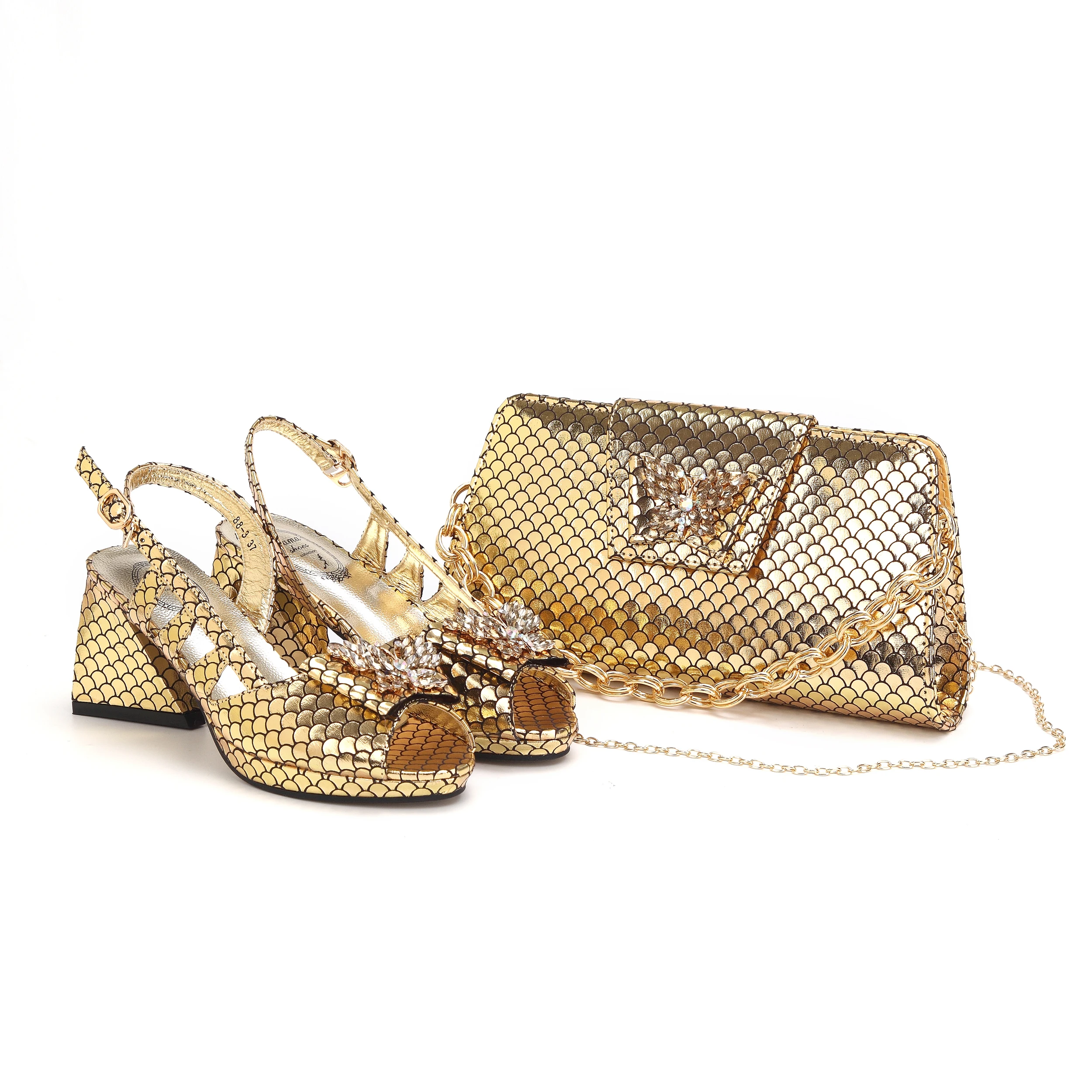 

Italian Hollow Design Women Shoes Matching Bag in Gold Color Mature African Ladies Comfortable Heels Sandals for Party