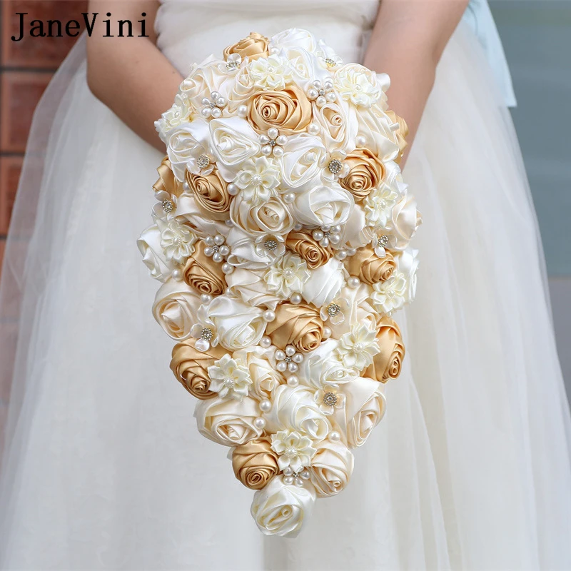

JaneVini Bridal Bridesmaid Waterfall Wedding Bouquet De Fleur Satin Rose Champagne Ivory Artificial Bride Pearl Flower Bouquets