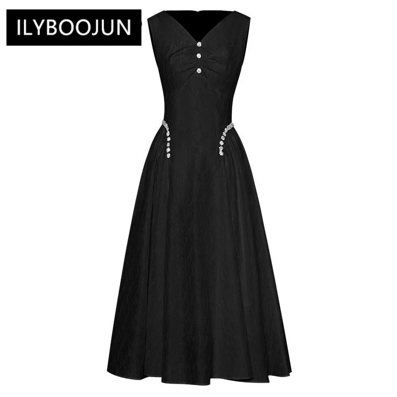 Summer Fashion Designer Elegant Black Vest Dress Women's V Neck Sleeveless Button Nail Bead High Waist Slim Midi Dress
Summer Fashion Designer Elegant Black Vest Dress Women's V Neck Sleeveless Button Nail Bead High Waist Slim Midi Dress