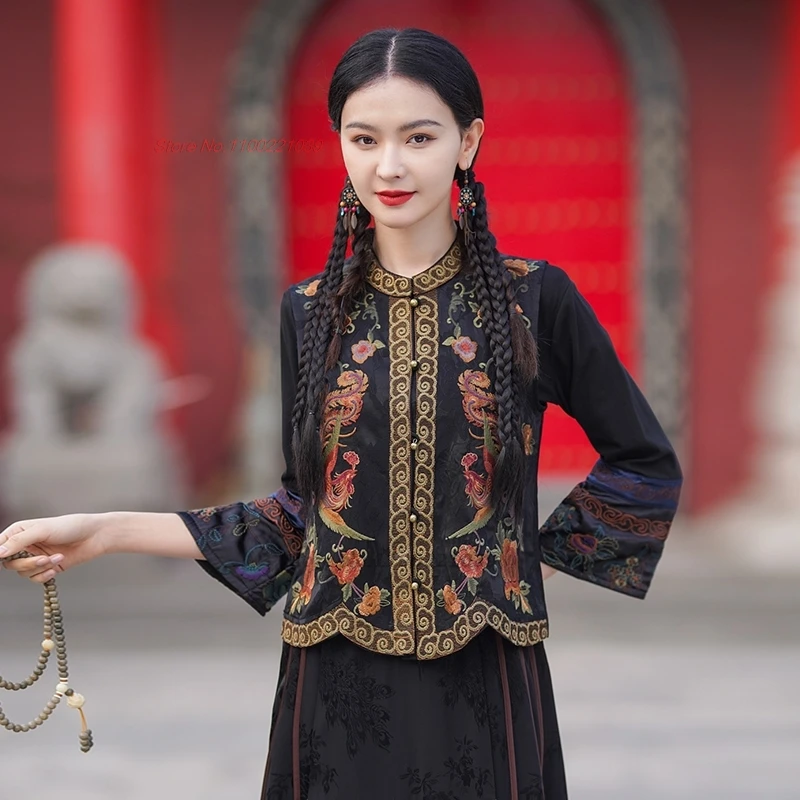 

2024 traditional flower embroidery ethnic vest chinese vintage hanfu tops oriental stand collar jacquard vest sleeveless jacket