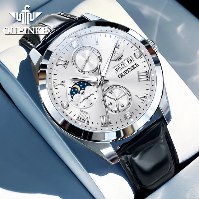 PINKE-Montre mécanique automatique vissée pour homme, montres d'affaires décontractées, phase de lune, calendrier, saphir, marque supérieure, originale, 3300 2