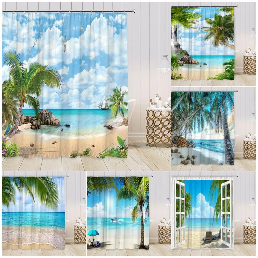 

Ocean Beach Shower Curtain Island Sea Waves Palm Trees Tropical Plants Nature Landscape Bath Curtains Fabric Home Bathroom Decor