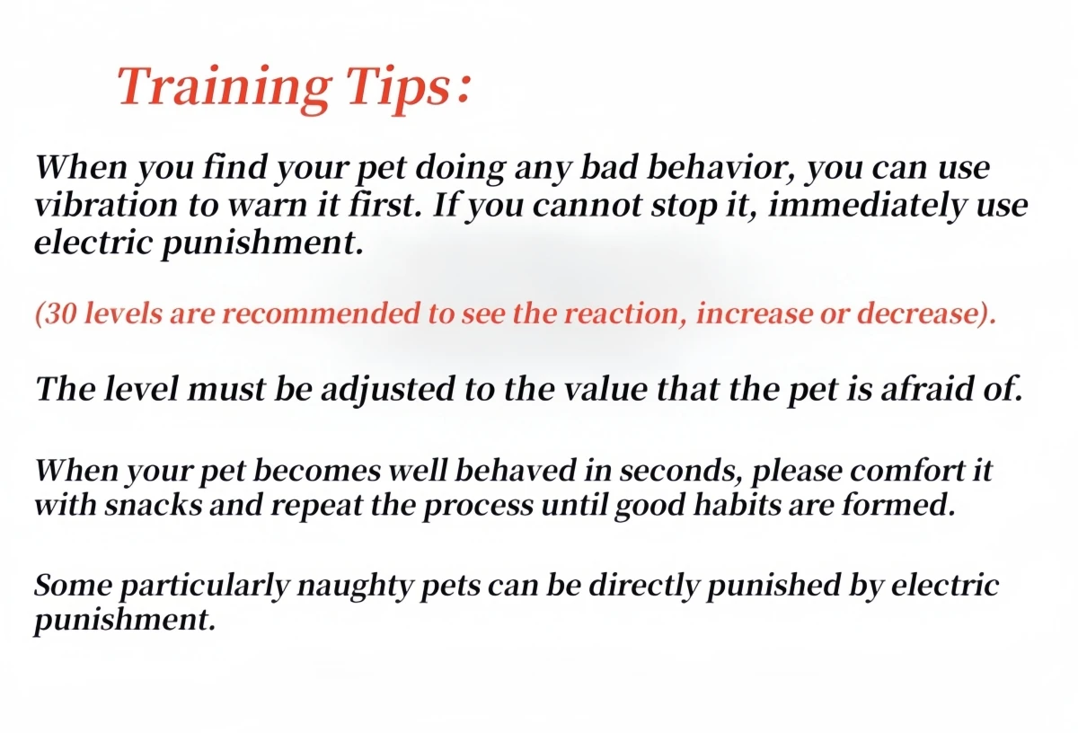 Bark Collar for Dog | Camouflage Automatic Anti Barking Dog Collar Educational graphic providing training tips on using vibration first as a warning and rewarding good behavior with snacks for effective habits.