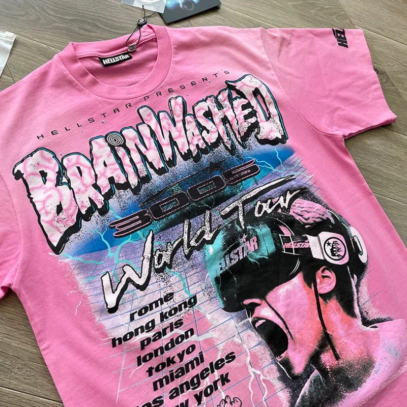

Hellstar Brainwashed World Tour Tee for Men Women 1:1 Best Quality Washed Pure Cotton Oversized T Shirts