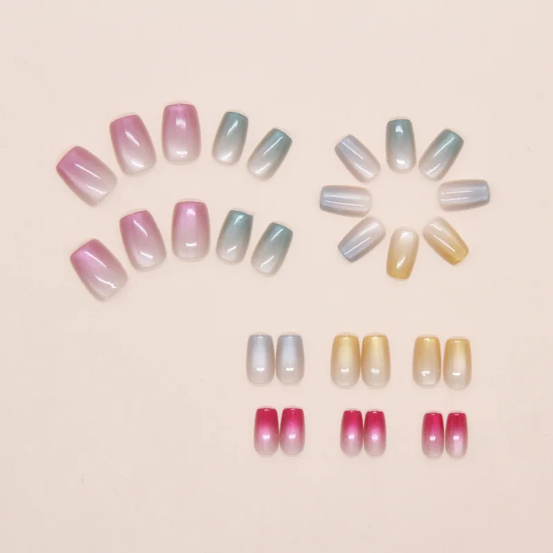 24PCS Dopamine Cat Eye False Nails Cute Colored Short Coffin Stick on Fake Nails Full Cover Simple Glossy French Nails Wearable 5