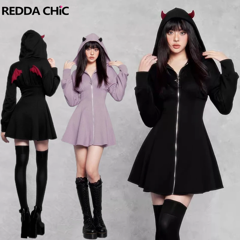 

REDDACHiC Women Mini Dress with Devil's Hood Solid Casual Long Sleeves Zip-up High Waist One-piece Dress Grunge Y2k Streetwear