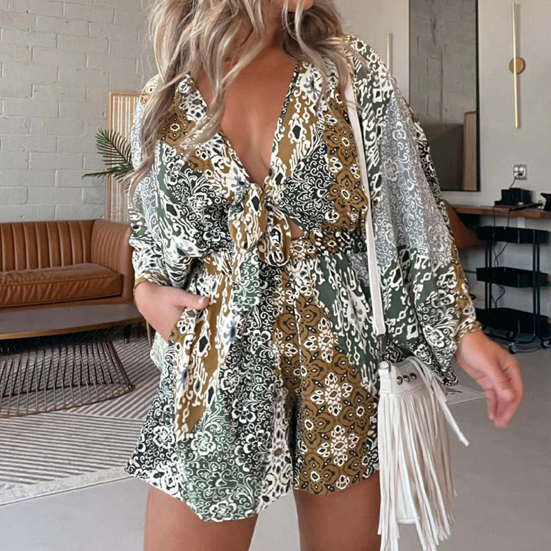 

Women Fashion Print Waist Short Romper Sexy V-neck Tie-up Pleated Jumpsuits Elegant Flared Long Sleeve Pocket Playsuits Overalls