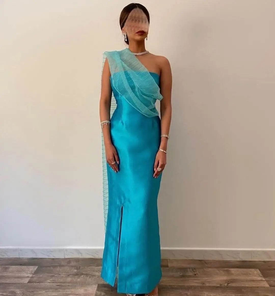 

Merida Light Blue Tulle Cape Prom Dresses Sleeveless Side Slit Ankle-Length Saudi Arabia Formal Occasion Graduation Dresses 2023