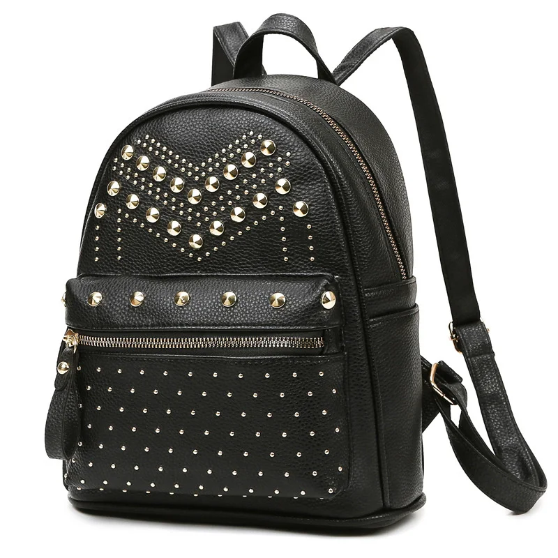 

Fashion Rivet Women Backpack PU leather Female Shoulder Bag Student Schoolbags Travel Daypack female Softback book bag black