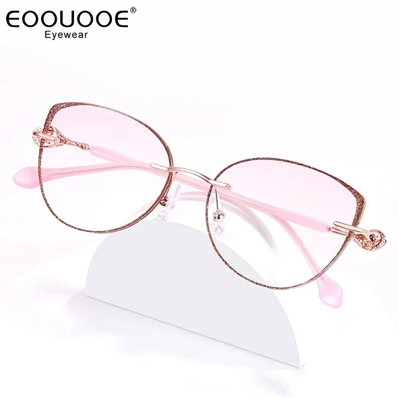 

Diamond Design Cat Eye Glasses Women Rimless Eyewear Metal Oculos Pink Gradient Colored Prescription Lens Gafas Anti Blue Light