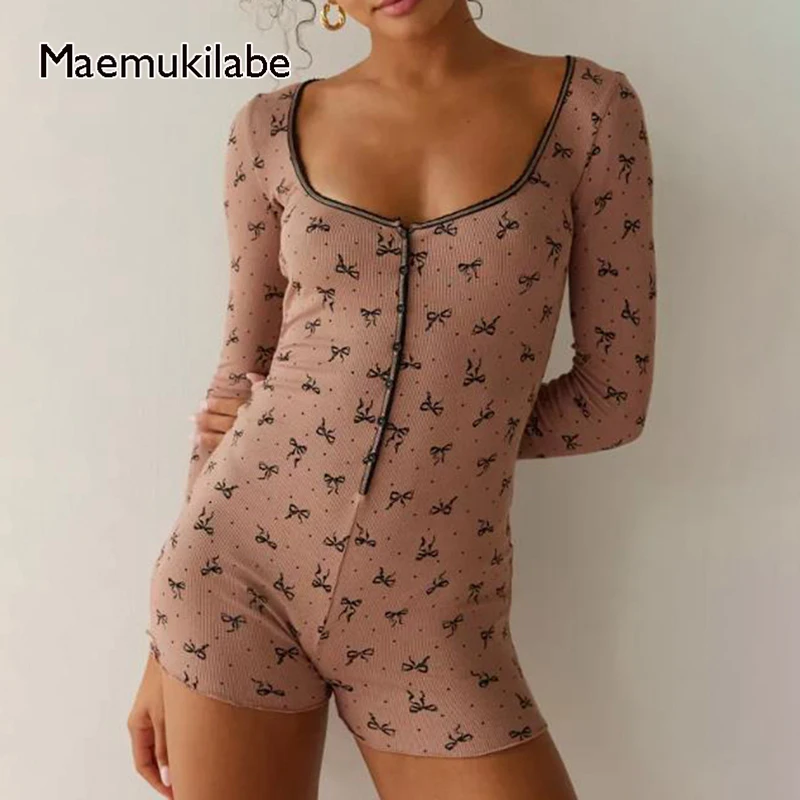 

Y2K Vintage Bowknot Print Playsuit Women Sexy Pajama Romper Bodysuit Long Sleeve Slim Fit Low Cut Bodycon Pjs Jumpsuit Sleepwear