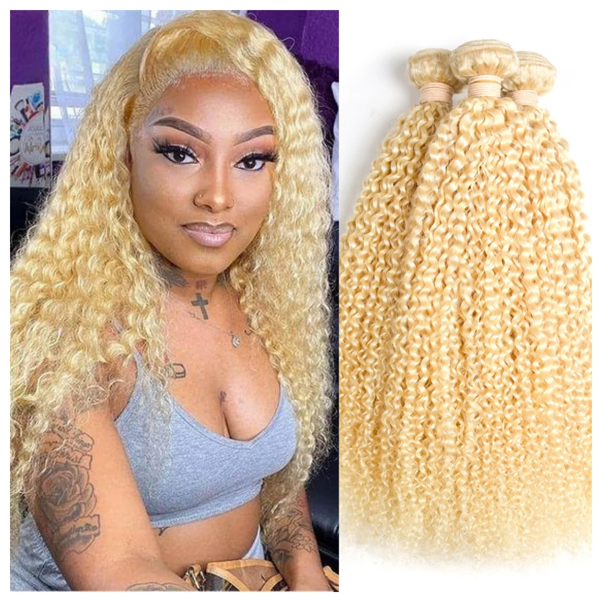 

Kinky Curly 613 Blonde Curly Weave Human Hair Bundles 150% Density Brazilian Remy Raw Hair One Bundle Hair Extension For Women