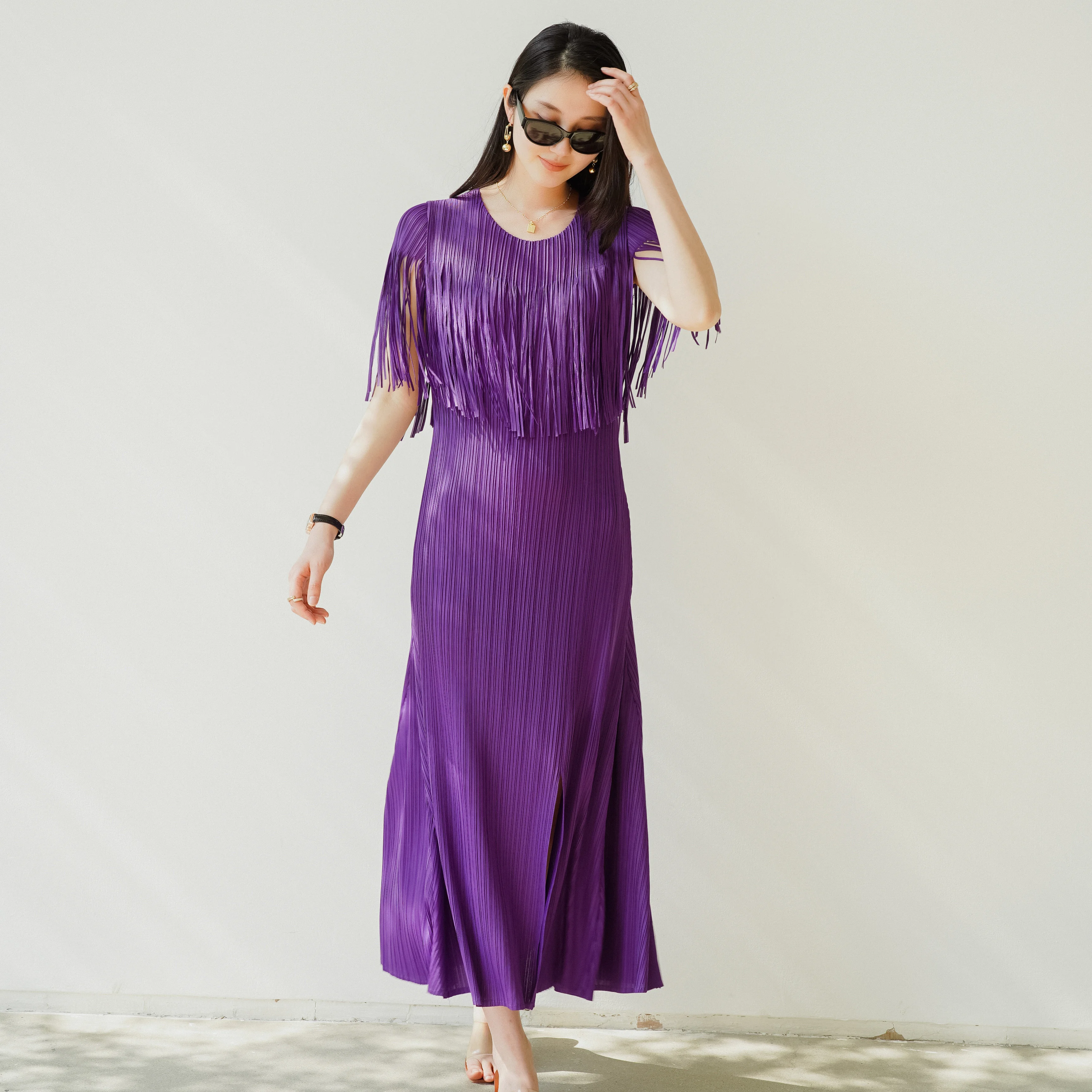 

2024 summer new Miyake fold high-end designer fashion fringe long dress