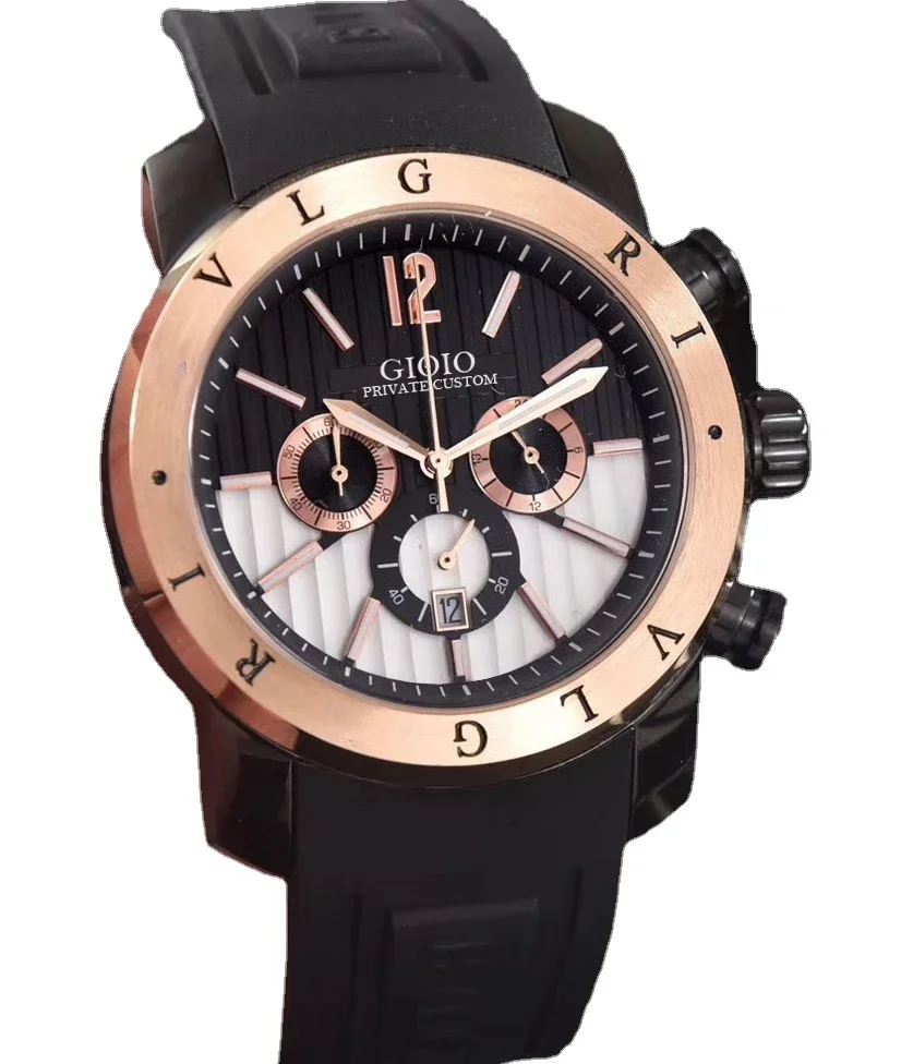 

Luxury Mens Quartz Chronograph Watch Stopwatch Rose Gold Bezel Stainless Steel Black Rubber Sapphire