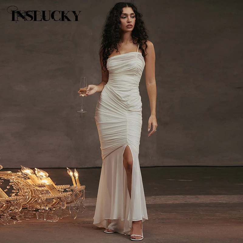 

InsLucky Fashion Sexy Elegant Dress Women Folds Sling Strapless Slim Skinny Bodycon High Slit Ankle-Length Chiffon Dresses 2024