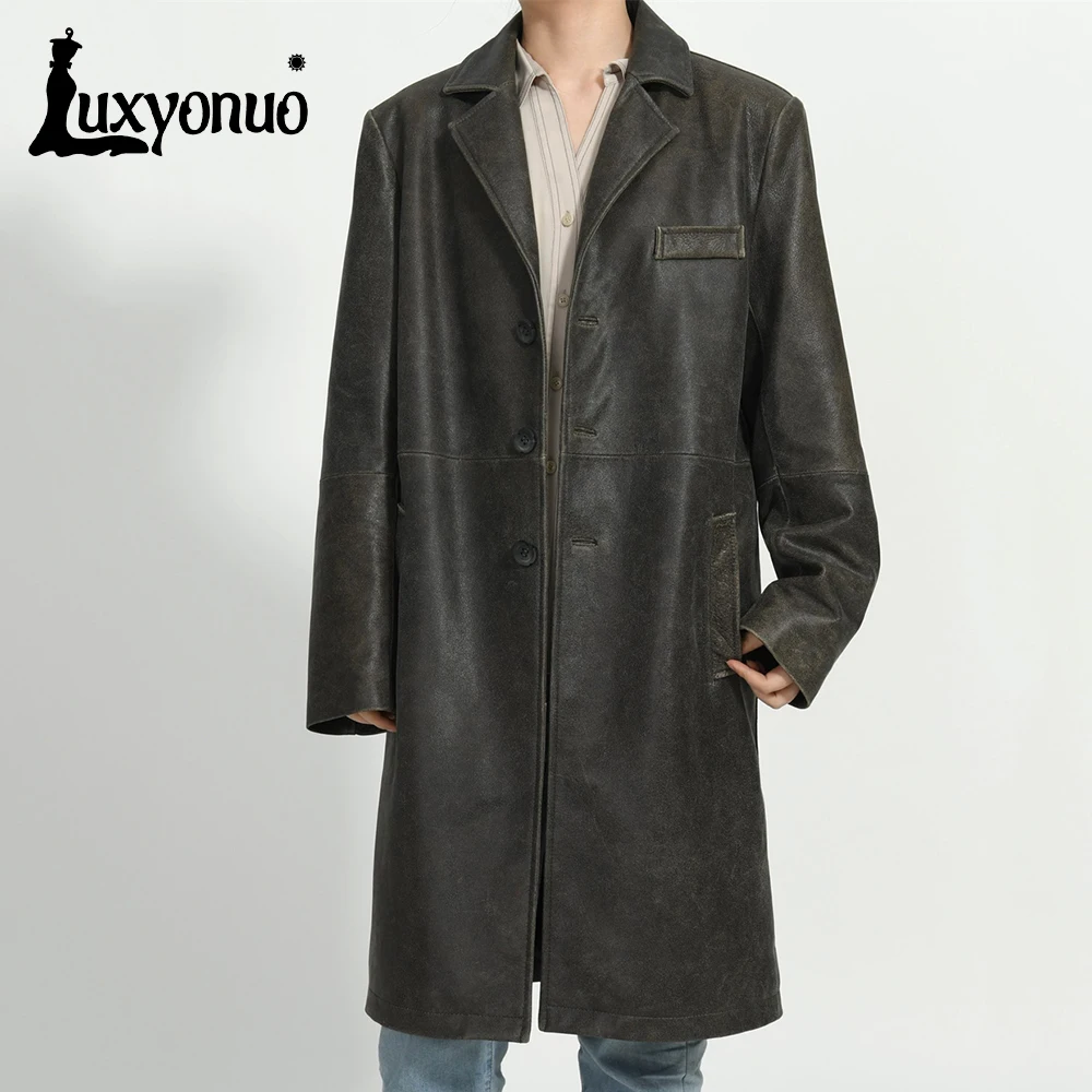 

Luxyonuo Sheepskin Coat for Women Real Leather Trench Coats Ladies Fashion Genuine Leather Long Jacket Vintage Overcoat Female