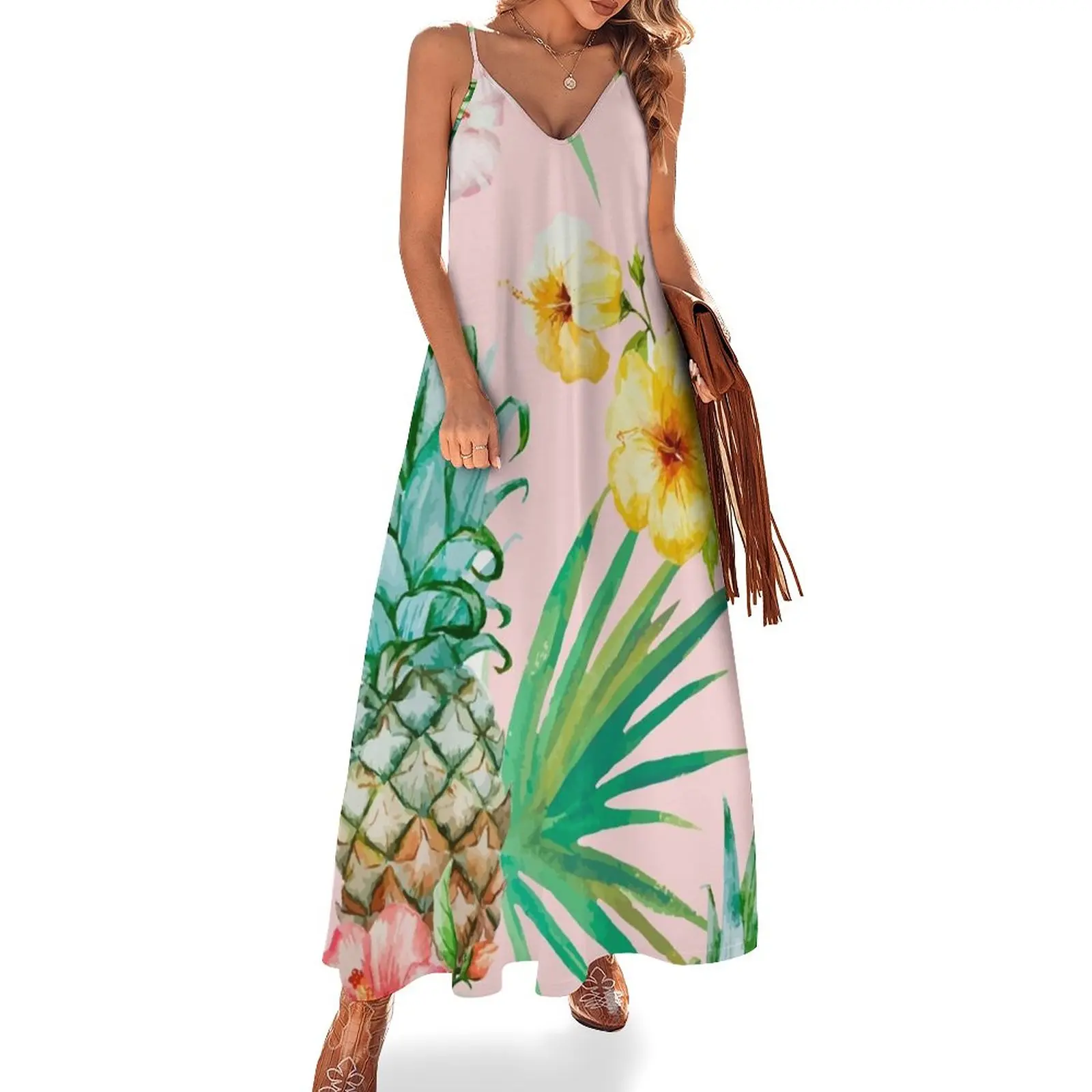 

New Hawaii Vintage Tropical Botanical Jungle Floral Watercolor Blush Pastel Pineapple Palm Painting Sleeveless Dress