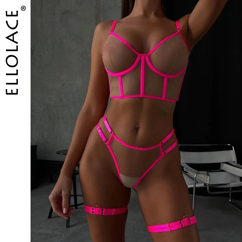 

Ellolace Neon Pink Lingerie Sexy Porn Underwear Women Body Sheer Bra Sexy Costume Naked Uncensored 4-Piece Erotic Sets Intimate