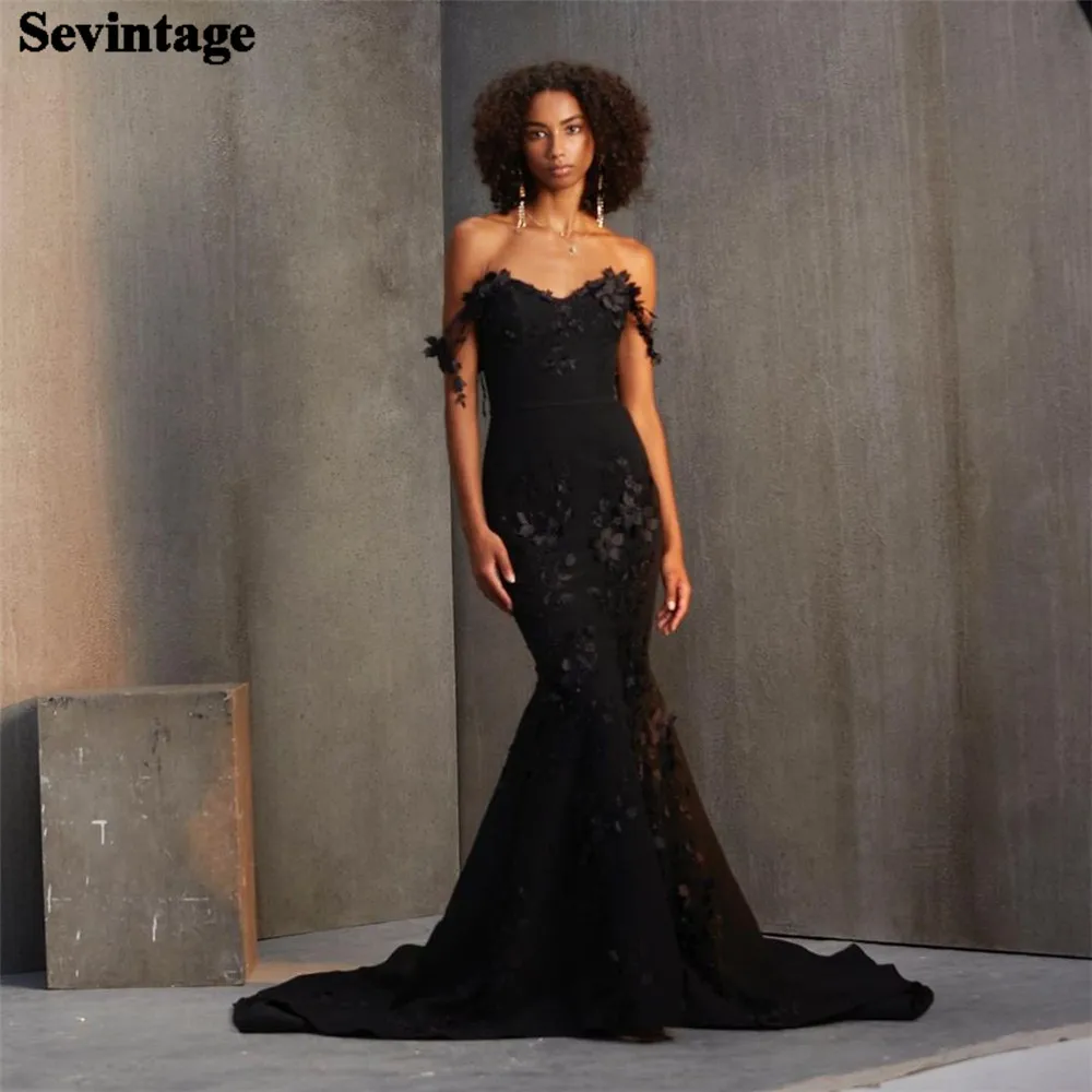 

Sevintage Mature Black Mermaid Satin Prom Dress Off The Shoulder Ruched 3D Flowers Floor Length Evening Dress vestido de gala