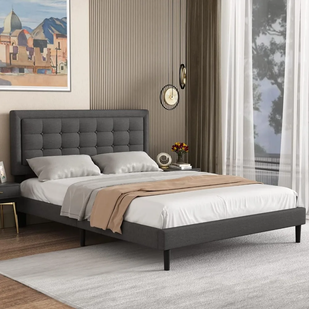 

Queen Size Bed Frame with Button Headboard, Platform Upholstered in Linen Fabric,Mattress Foundation with Wooden Slats Support