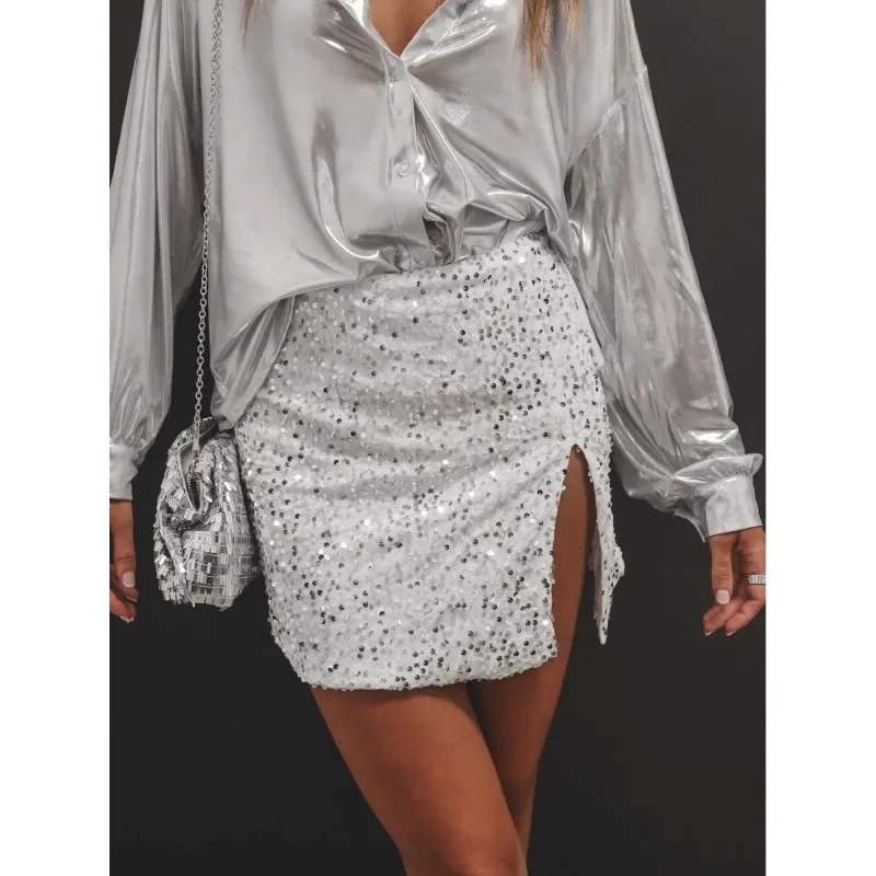 

Spring Summer New Skirt Women's Fashion Solid Color Slim-Fit Sequined Skirt Women's Sexy High Waist Slit Mini Skirt