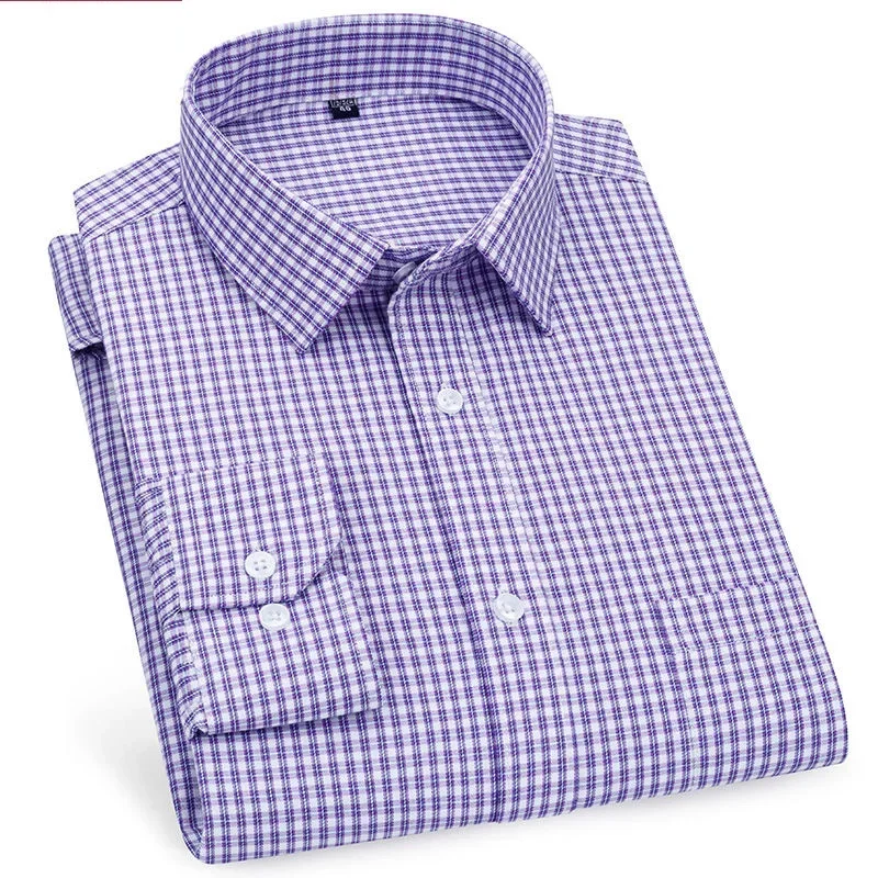 

Top Quality Mens Business Casual Long Sleeved Shirt Classic Plaid Striped Checked Male Social Dress Shirts for Man Purple Blue