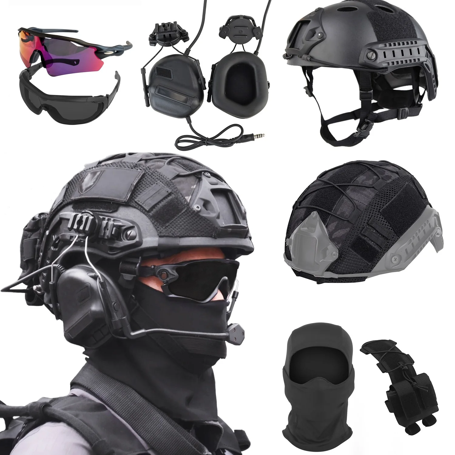 

FAST Tactical Airsoft Helmet Gear - 7 Pack - Tactical Headset - Helmet Cover - 2 PCS Safety Glasses - Etc - for Airsoft War Game