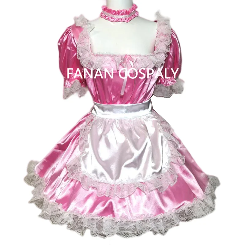 

Adult Giant Baby Sexy Girl Pink Thin Satin Open Chest Sissy Short Sleeve Dress White Apron Maid Role Play Lockable Multi Color