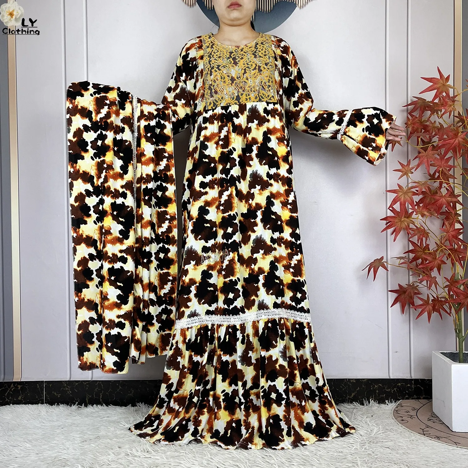 فستان نسائي جديد موضة 2026 بتصميم زهري وأكمام طويلة من القطن مع وشاح كبير، قفطان دبي، فستان فضفاض كاجوال، فساتين أفريقية فستان نسائي جديد موضة 2026 بتصميم زهري وأكمام طويلة من القطن مع وشاح كبير، قفطان دبي، فستان فضفاض كاجوال، فساتين أفريقية