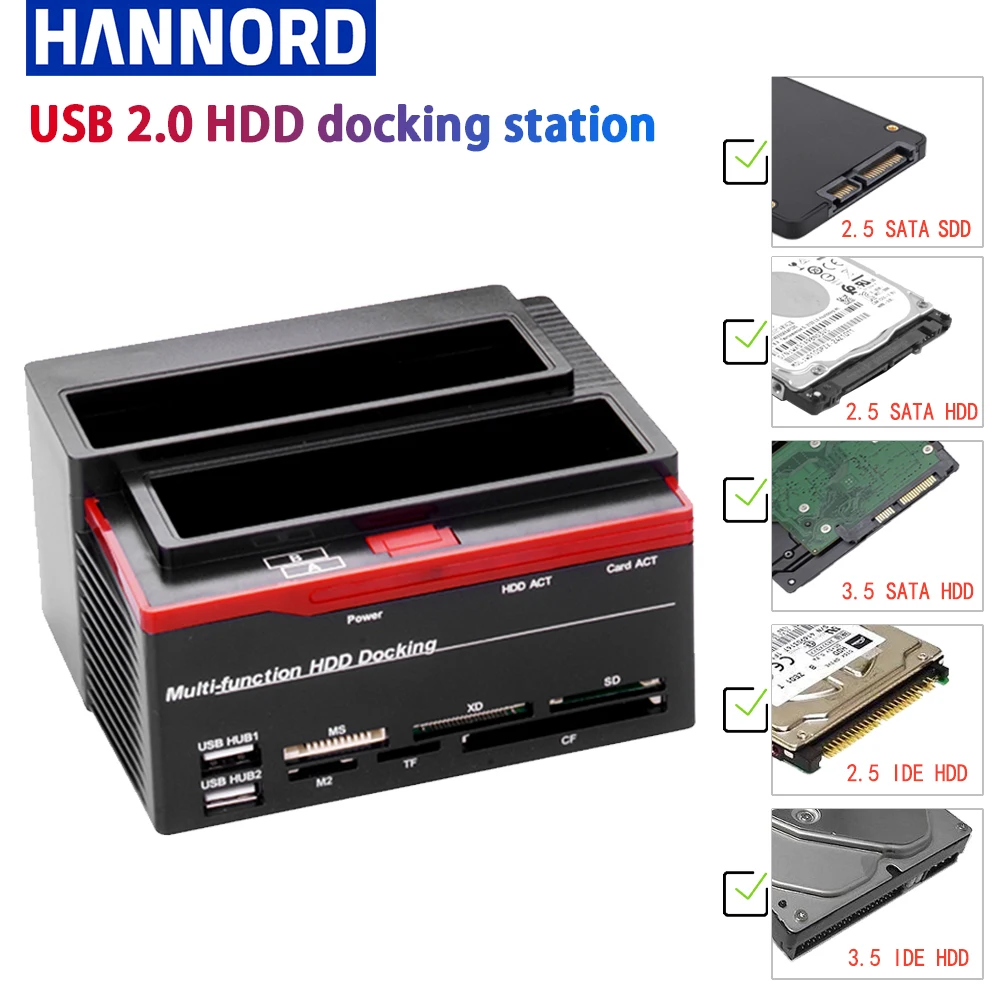 

Hannord 2.5/3.5" SATA IDE HDD Docking Station Clone HDD Enclosure Station USB 2.0 Type C Hub MS/M2/XD/CF/SD/TF Card Reader