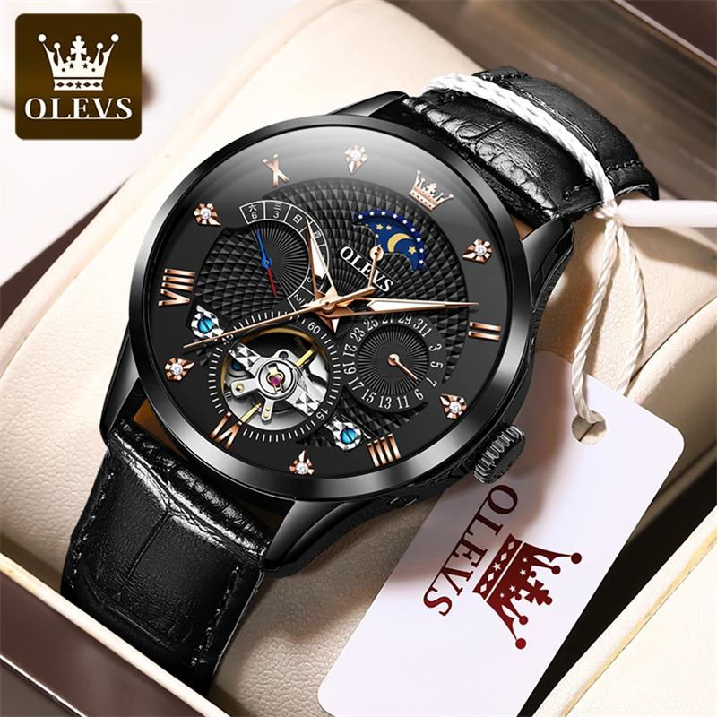 

OLEVS Brand New Luxury Tourbillon Mechanical Watch for Men Sport Waterproof Moon Phase Multifunction Fashion Mens Watches