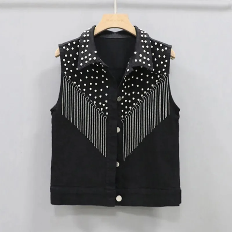Women Sleeveless Short Jean Coat Female Single Breasted Black White Rivet Tassel Denim Vest Sleeveless Waistcoat Jacket 2023
Women Sleeveless Short Jean Coat Female Single Breasted Black White Rivet Tassel Denim Vest Sleeveless Waistcoat Jacket 2023