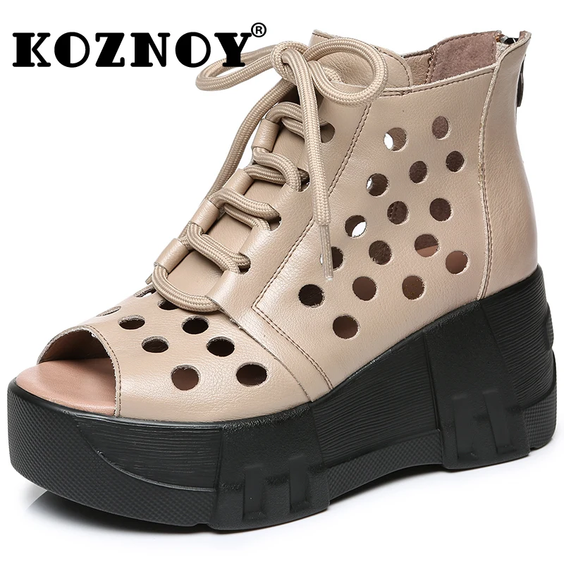 

Koznoy 8cm Summer Ankle Mid Calf Boots Ethnic Cow Genuine Leather Peep Toe ZIP Hollow Moccasin Sandals Women Motorcycle Shoes