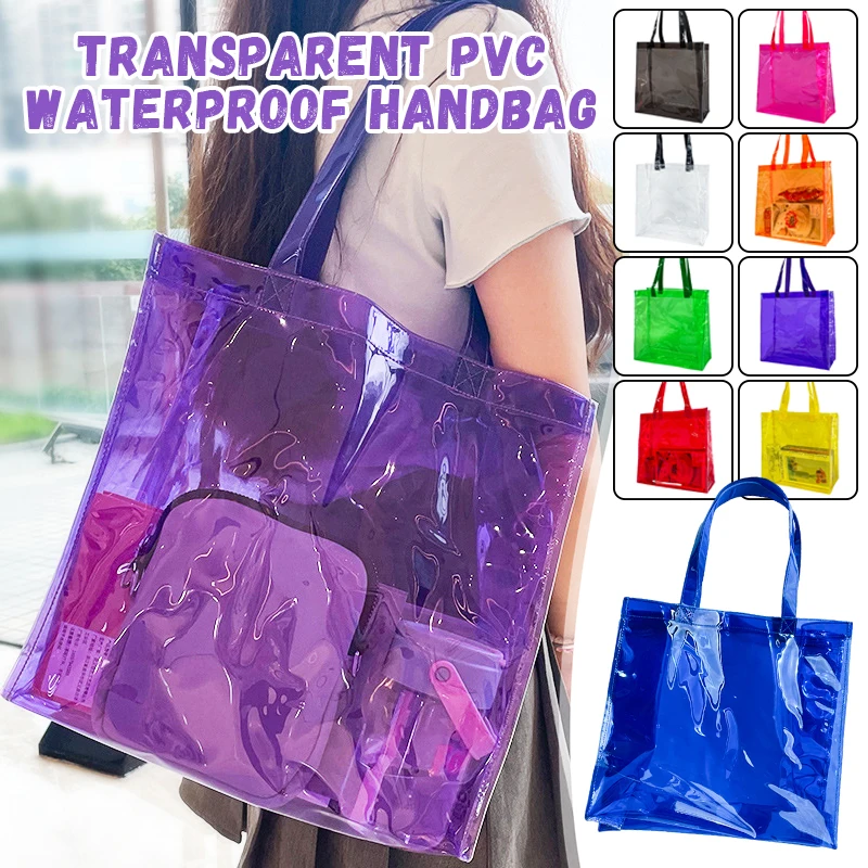 

34cm PVC Transparent Waterproof Tote Bag Fashion Portable Casual Women's Travel Jelly Shopping Bag Shoulder Bags Handbag