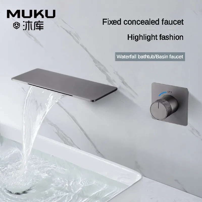 

Copper Wall Mounted Basin Bathroom Faucet Embedded Concealed Hot and Cold Double Control Waterfall Water Outlet Washbasin Faucet