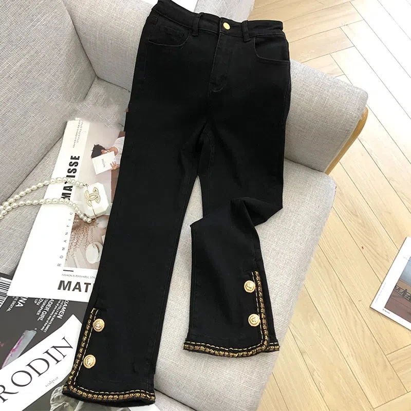 

Women's Fashion Trend High-Waist Nine-Split Micro-Flare Horn 2022 New Black Jeans Female Trousers