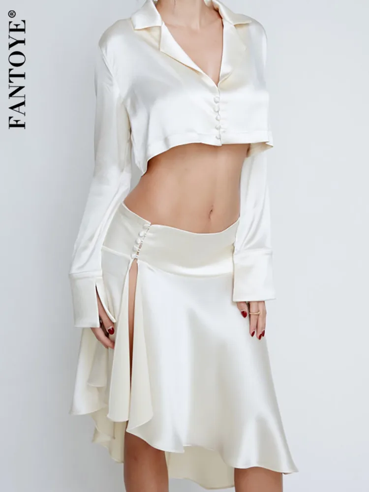 

Fantoye Satin Notched Collar Button Women Skirt Suit Apricot Long Sleeve T-shirt Side Slit Skirt Female Spring Casual Skirt Suit