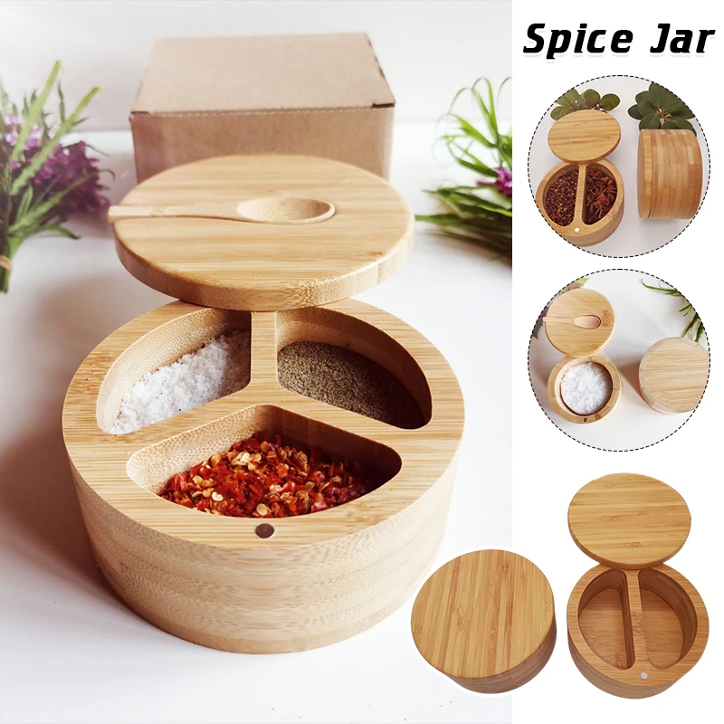 

Bamboo Salt Pepper Bowl Container Round Salt Cellar Jar With Magnetic Swivel Lid Spoon Seasoning Storage Box Kitchen Accessories