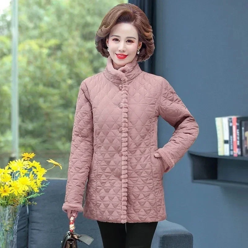 

Winter New 2024 Add Velvet Keep Warm Ladies Jacket Stand-Up Collar Cotton Middle-Aged Mother Dress Thick Clothing Z449