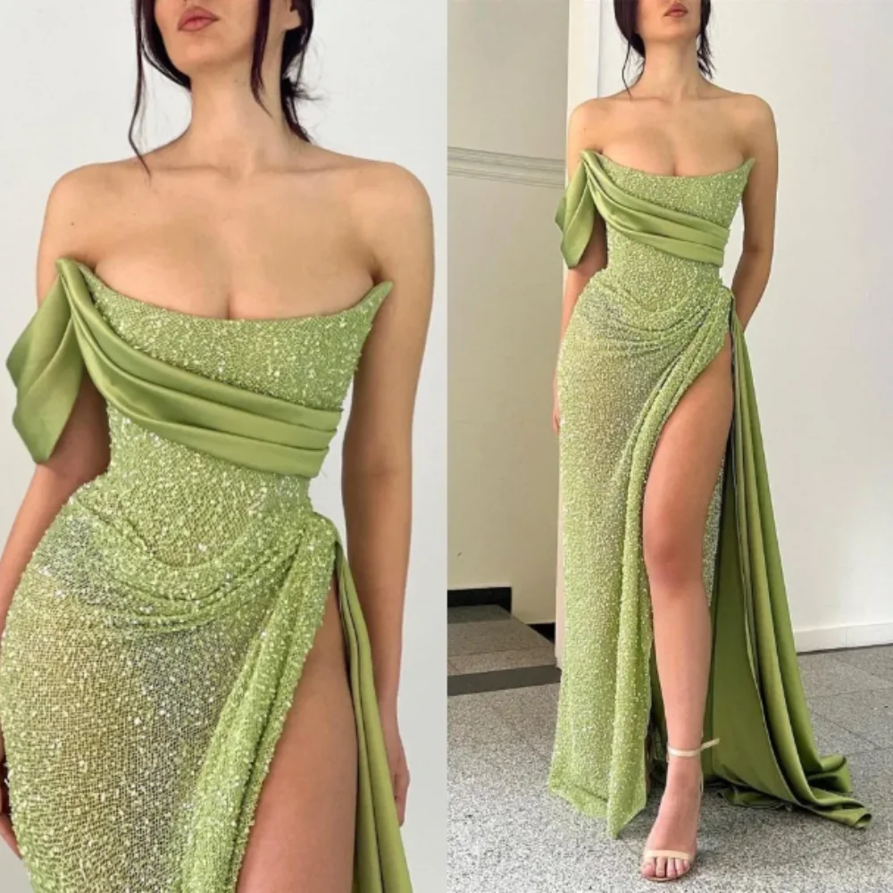 

Elegant Olive Green Split Evening Dress Sexy Backless Spagehtti Straps Mermaid Prom Gowns With Sparkle Beads Sequined Customed