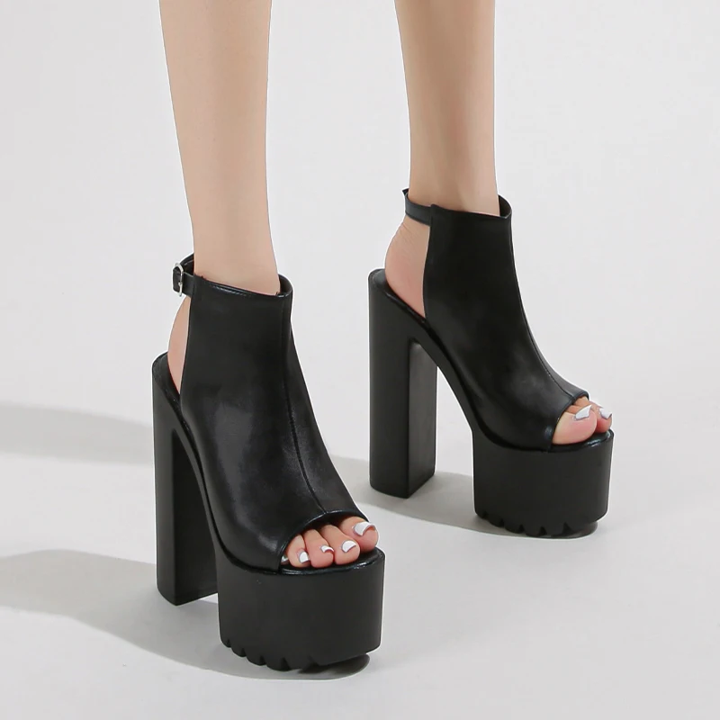 

14cm Block Heeled Sandals Black Platform High Heels Slingback Shoes Women Punk Open Toe Summer Shoes Sandalias De Mujer