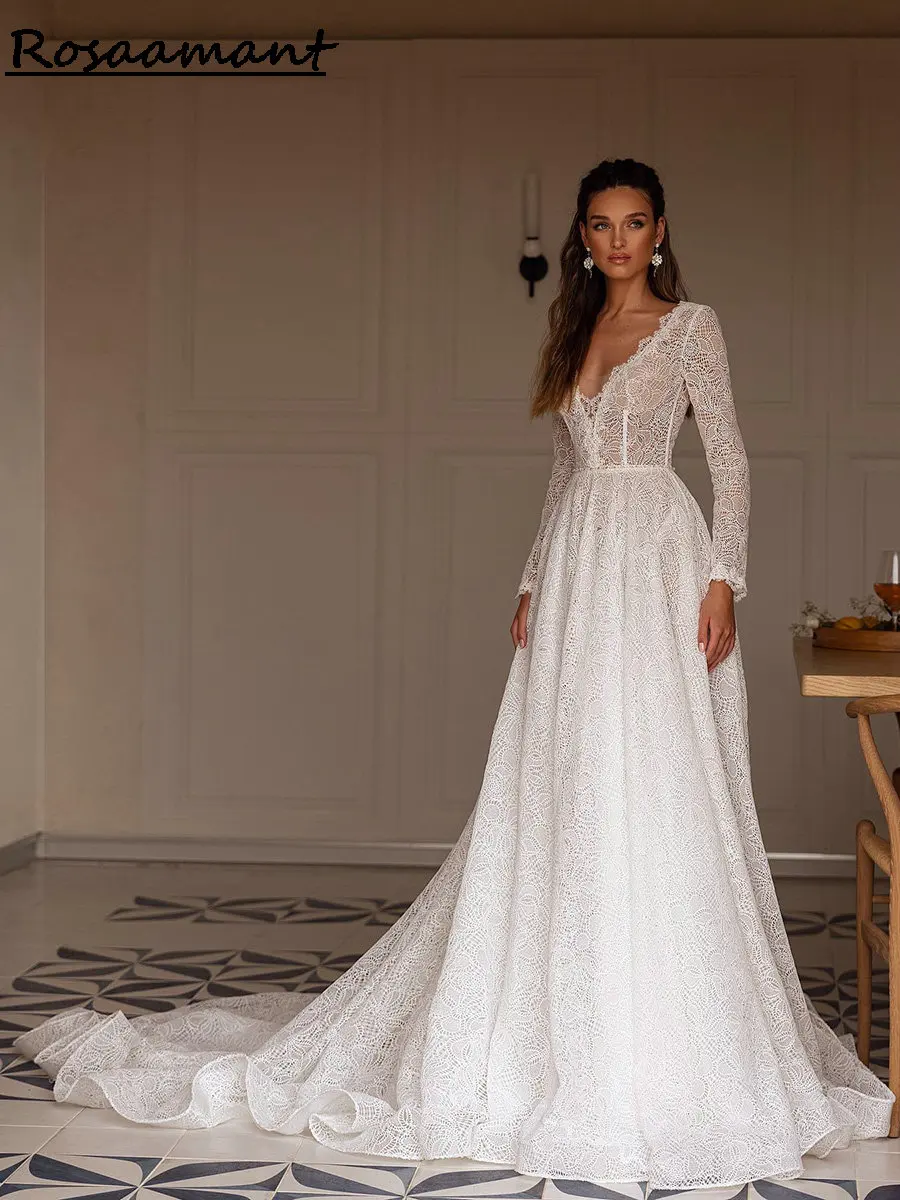Bohemian Illusion Long Sleeve Open Back A-line Wedding Dresses V-Neck Floral Lace Bridal Gowns Robe De Mariée 
Bohemian Illusion Long Sleeve Open Back A-line Wedding Dresses V-Neck Floral Lace Bridal Gowns Robe De Mariée