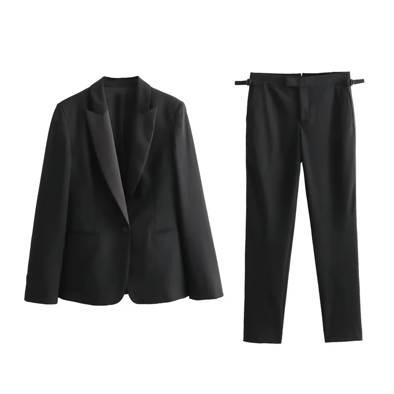 

TRAF Party Woman Formal Suits Tuxedo Collar Long Sleeve Jacket Buckle Pants Back Slit At Hem Blazer +Waist Adjust Strap Trousers